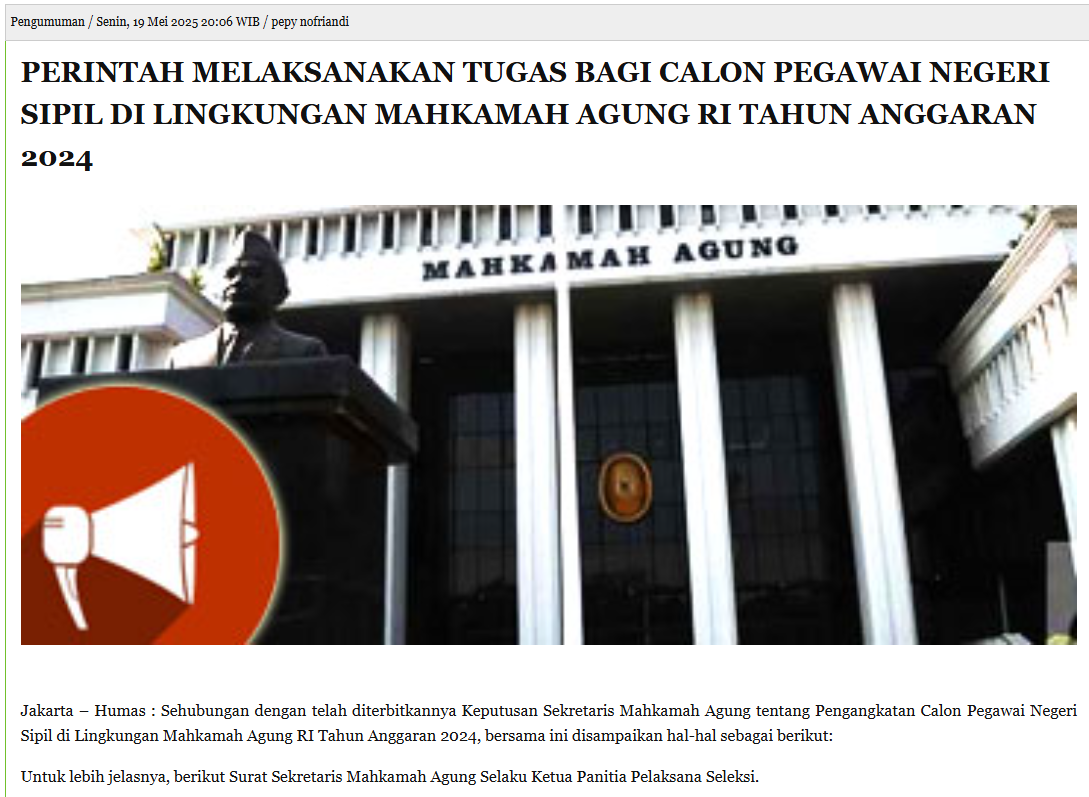 Pengumuman perintah melaksanakan tugas bagi CPNS di lingkungan Mahkamah Agung RI TA 2024